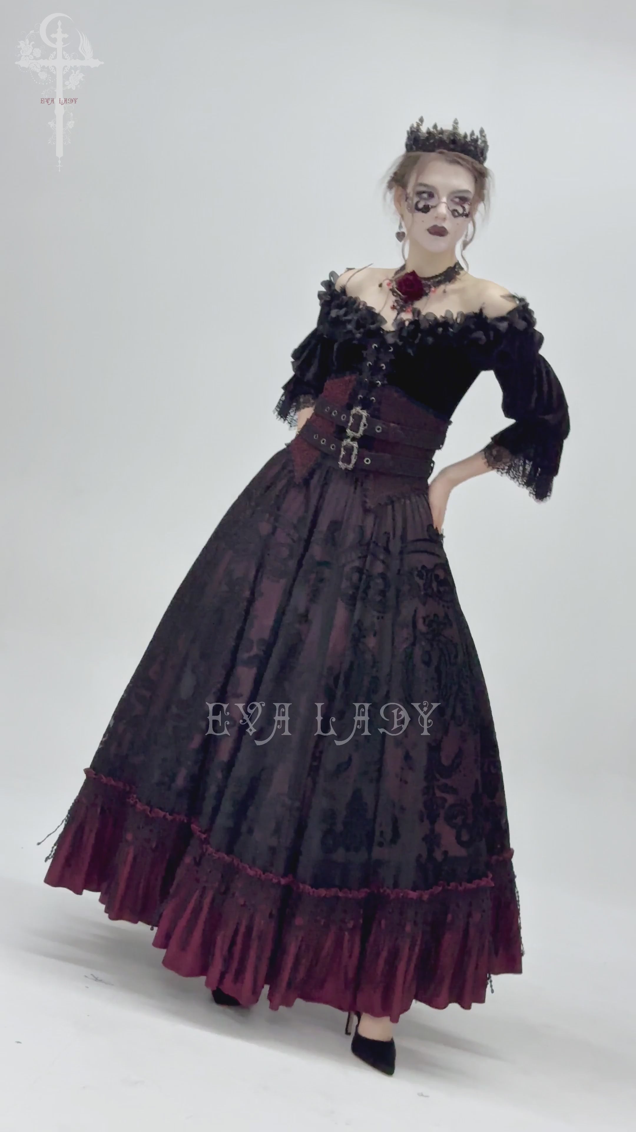 Gothic black and burgundy maxi skirt with lace hem, featuring a high waist and buckle details, perfect for Victorian-style fashion.
