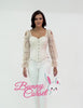 Model showcasing a Cold Shoulder Lace Sleeved Corset Top with Steel Boning, styled with white jeans.