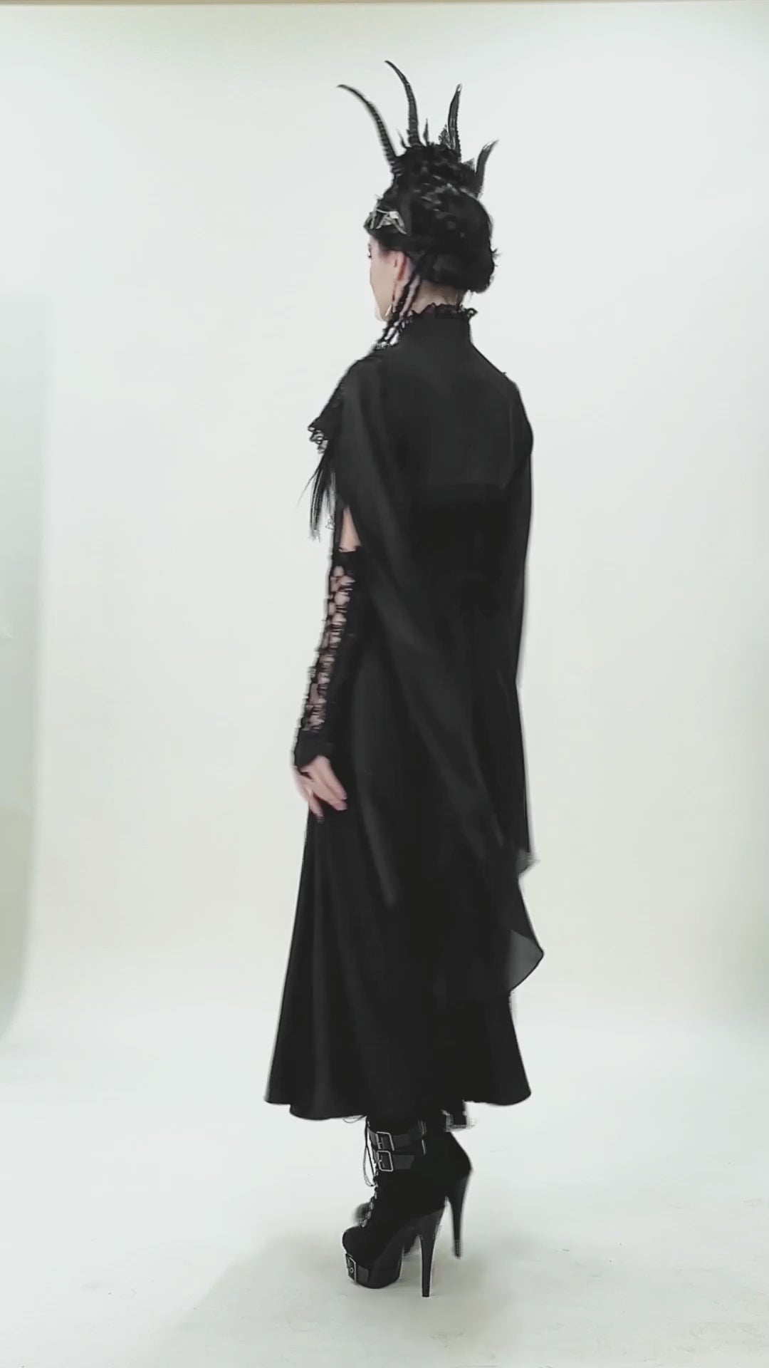 Gothic Black Shrug with Beaded Embroidery and Long Sleeves worn by a model showcasing elegant gothic fashion.