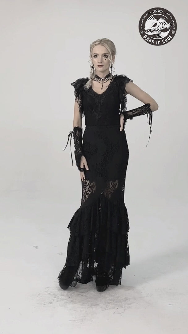 Chic black lace mermaid skirt with layered ruffle hem and corset back, perfect for gothic and dark romantic styles.