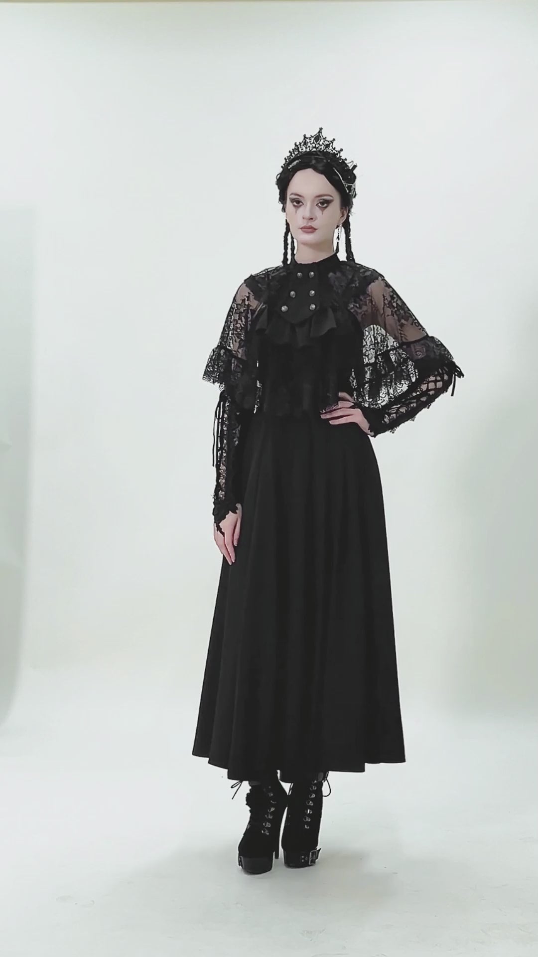 Gothic Lace Capelet with Victorian Sleeves and Buttons worn by model, featuring lace ruffles and dramatic silhouette.