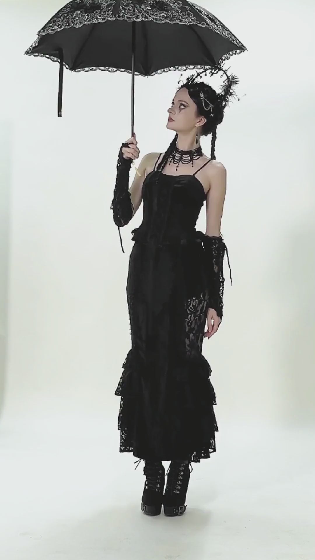 Elegant Gothic Lace Umbrella with Black Floral Embroidery held by a model in a stunning black gown.