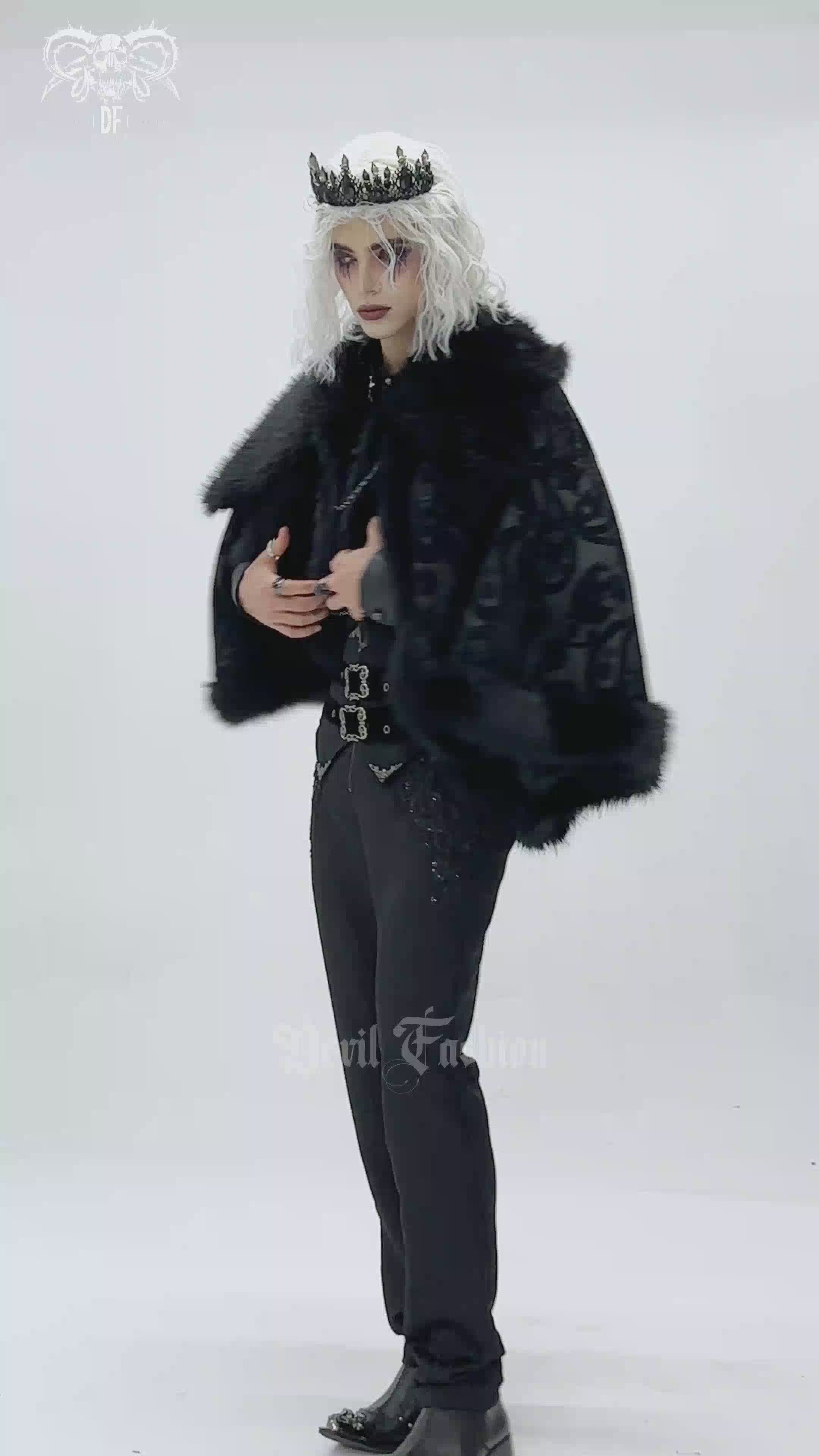 Male Gothic Cape with Faux Fur Collar and Hem Trim worn by a model with a crown, exuding a regal witchy style.