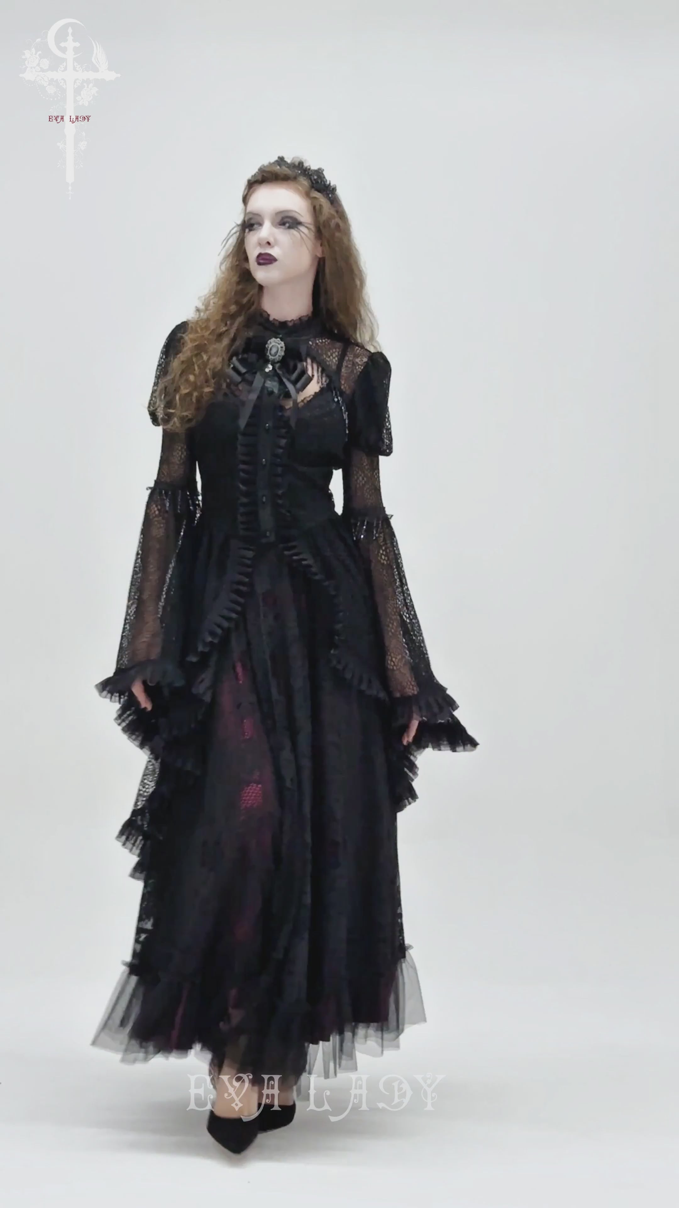 Victorian Elegant Lace Cape with Embellishments worn by model, showcasing gothic style and dramatic flair.