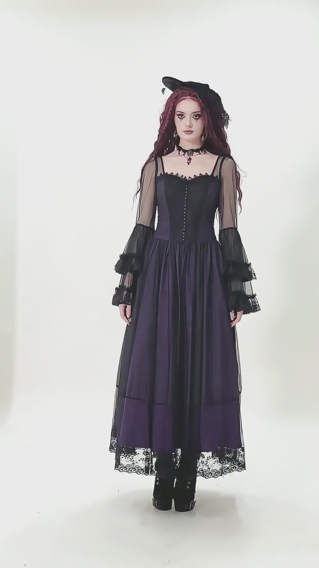 Purple and Black Gothic Mesh Dress with Lace Sleeves worn by a model showcasing its romantic elegance.