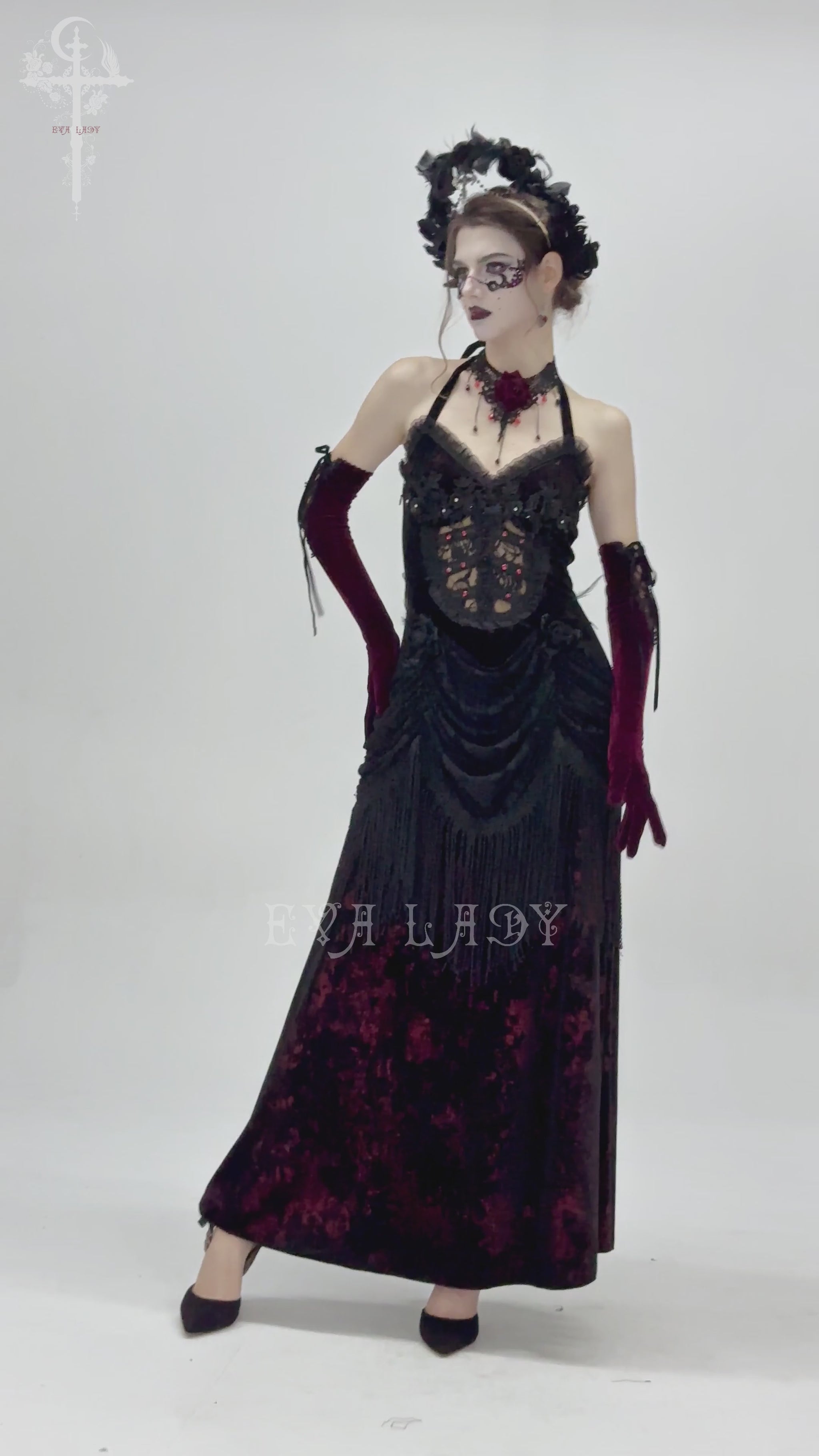 Gothic wine red and black velvet dress with lace, fringe, and corset back for Victorian-style elegance.