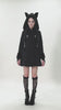 Gothic Coat with Plush Faux Fur Cuffs and Cat Ear Hood worn by a model, featuring cat ears, cross pendants, and an A-line silhouette