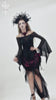 Sheer Off-Shoulder Ruffled Mesh Top with Bell Sleeves showcased with gothic style in black and red.
