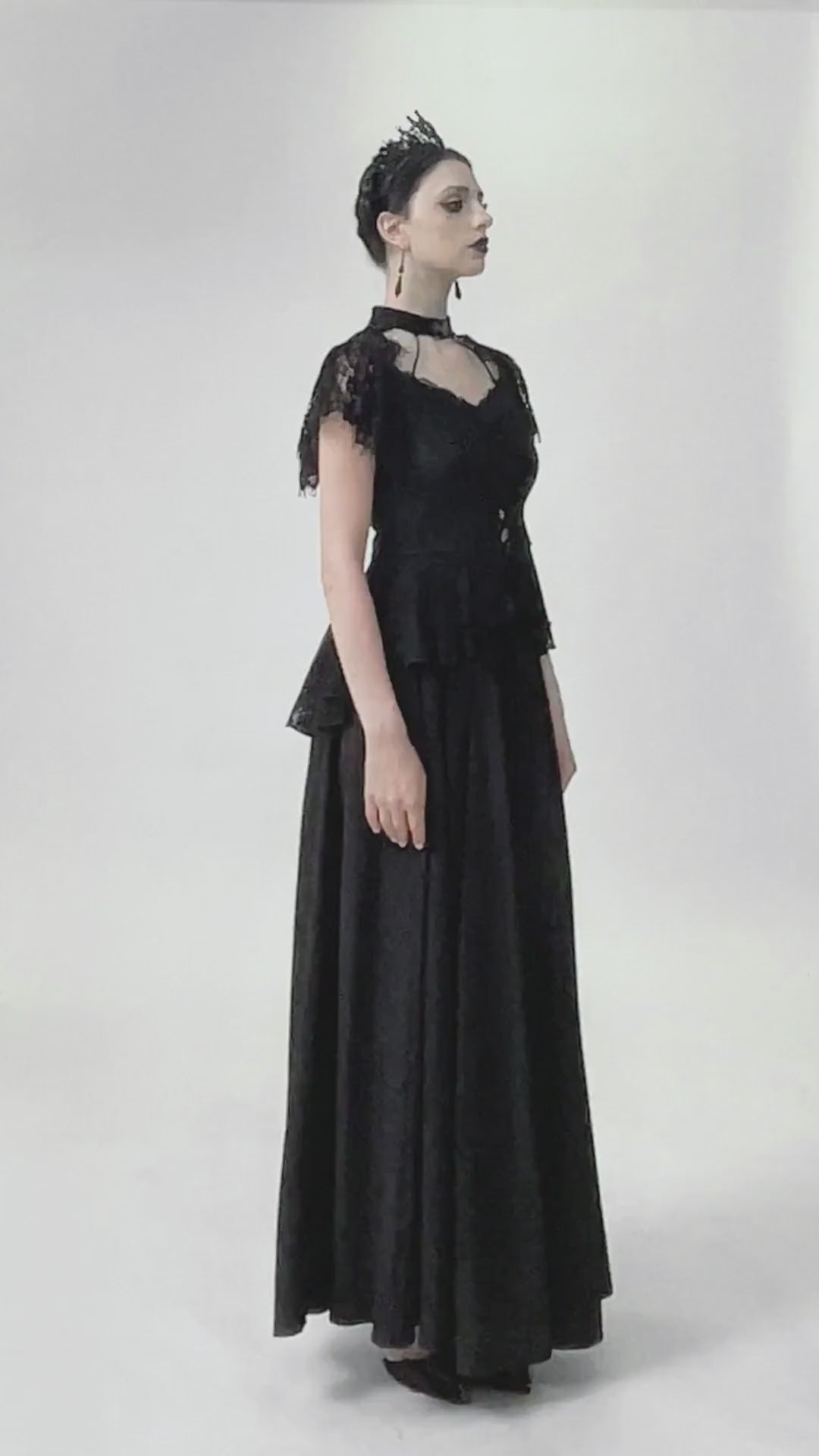 Elegant Lace Peplum Top with Choker Neck and Corset Front worn with a long black skirt, showcasing gothic elegance.