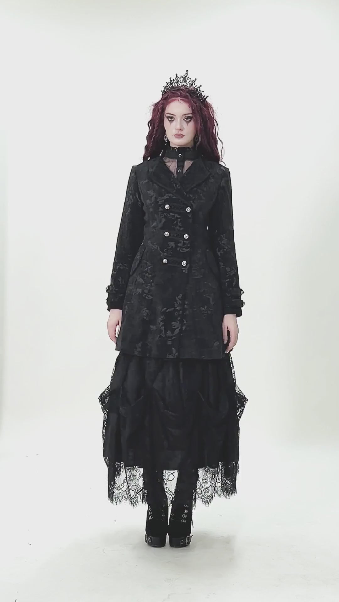 Gothic Black Long Coat with Silver Buttons for Women, featuring lace trim and a fitted waist for a stylish Victorian look.