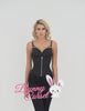 Front view of a woman wearing a black cotton waist shaper corset with front zipper, stylish and snug fit from Bunny Corset.