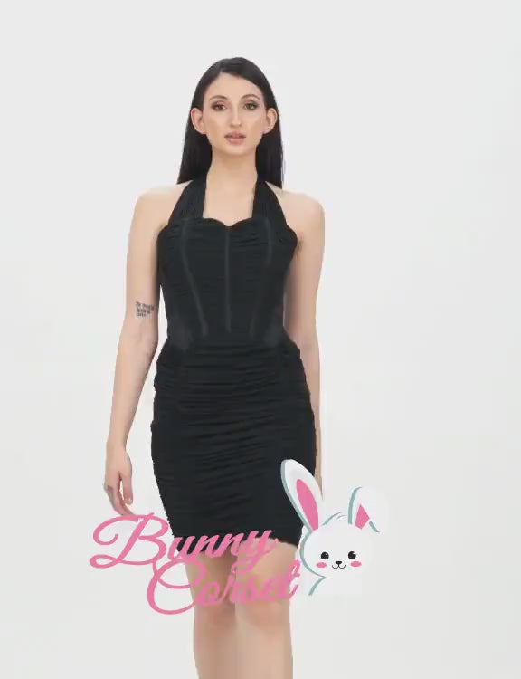 Elegant black mesh corset dress with ruched halter neck for evening and party looks.