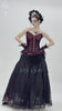 Burgundy gothic corset with lace trim, satin ribbon lacing, and ruffled hem for dramatic Victorian-inspired style.
