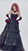 Gothic elegant corset dress with lace layers, beaded trim, and a dramatic layered skirt in deep black.