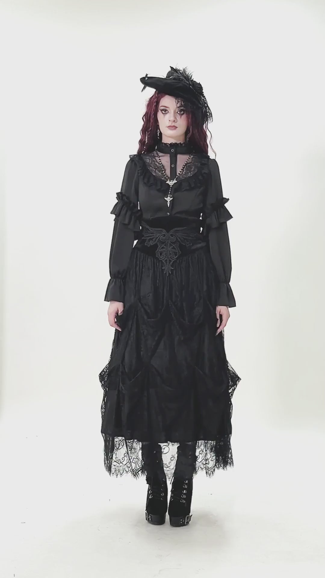 Female Black Lace Layered High Waist Long Skirt worn with gothic style top and accessories, showcasing Victorian elegance.