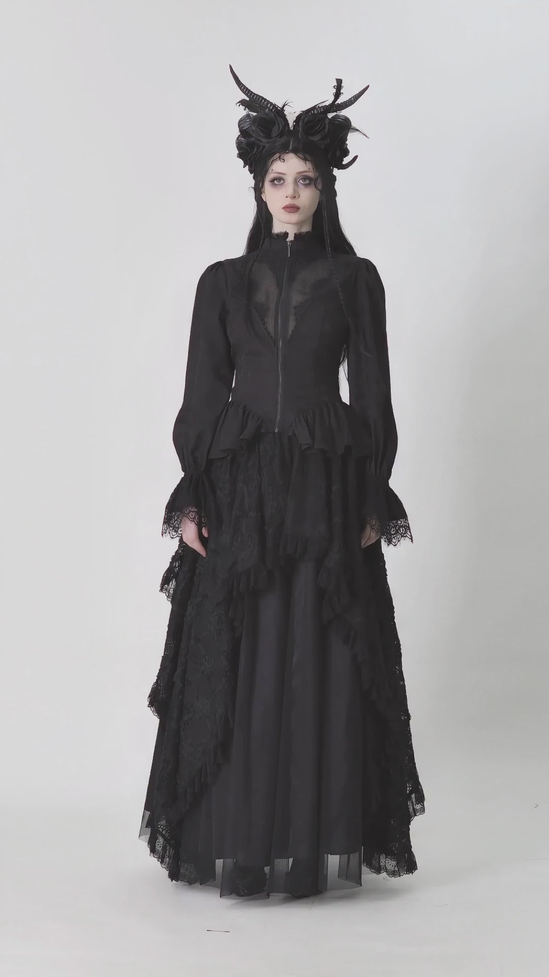 Gothic high-low lace tailcoat with sheer sleeves and corset waist, perfect for Victorian-inspired fashion.