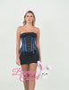 Model showcasing a gothic blue lace-up underbust corset paired with a black dress for stunning silhouette enhancement.