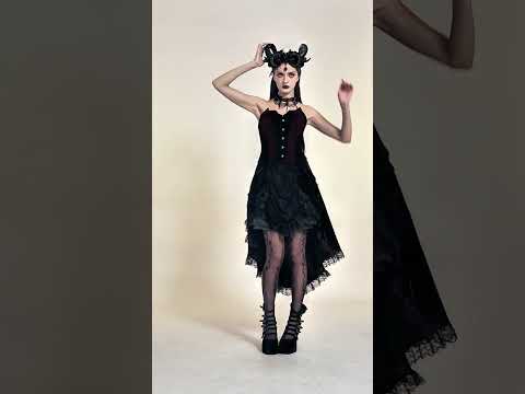 Women wearing a Women's Gothic Velvet Corset with Burgundy Panels, showcasing a dramatic gothic silhouette with lace details.