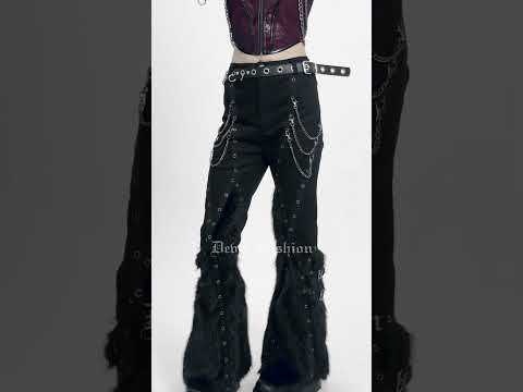 Stylish Punk Faux Fur Flared Pants with Side Chains black gothic bell-bottom trousers with eyelets and chain details