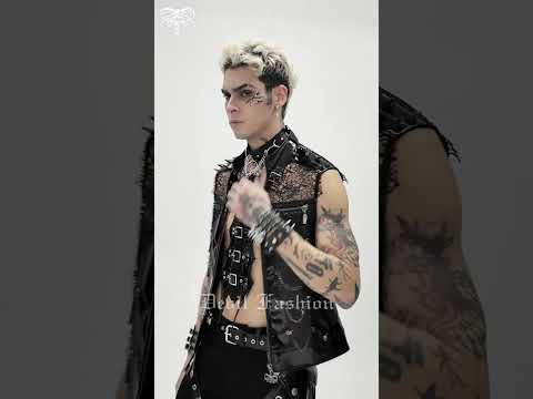 Gothic Spike Mesh Vest With Chains and Zipper, showcasing a model in a punk outfit.