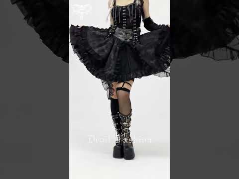 Black Gothic Corset Ruffle Mini Skirt with Chains showcasing layered punk design and dramatic movement.
