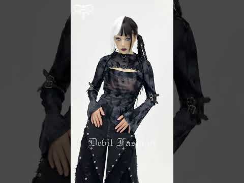 Black Sheer Gothic Mesh Top with Buckle Sleeve Straps worn by model, showcasing cyber goth style with dramatic accessories.