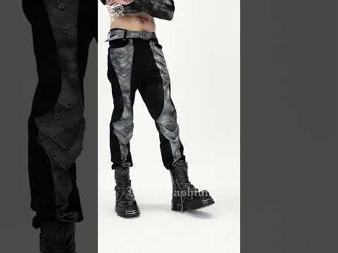 Men's Gothic Punk Pants with Silver Grommet Panels styled with buckles and boots for an edgy look.