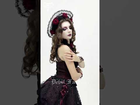 Gothic Lace Hat with Burgundy Roses and Veil Trim worn by a model, showcasing dark romantic style and Victorian aesthetics.