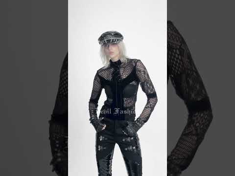 Black Gothic Lace-Up Mesh Top with Velvet Panels, dark punk sheer fishnet blouse with high neckline and lace-up front