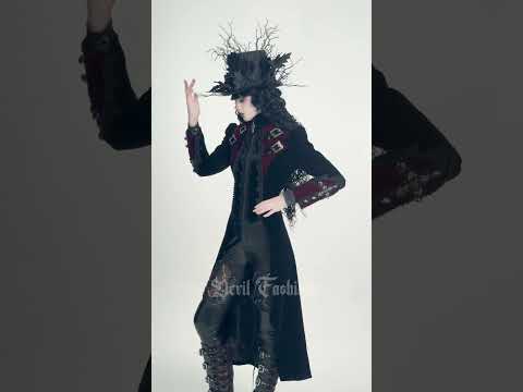 Longline Tailcoat with Embellished Cuffs and Back Panels, gothic women’s coat with lace trim, high collar and dramatic flowing panels