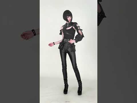 Gothic Punk Utility Waist Belt with Double Cargo Pouches worn by a model in edgy black attire.
