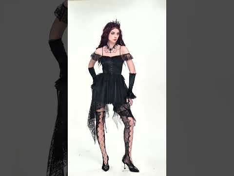 Gothic Lace High Low Corset Dress with Tulle Skirt worn by model, showcasing dark romance and elegant detail.