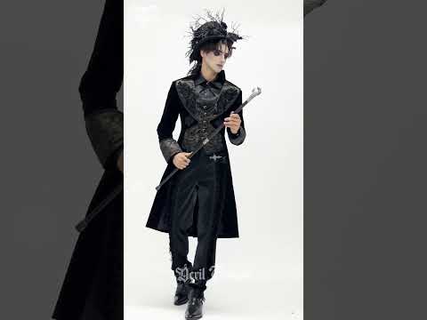 Elegance Black Gothic Tailcoat with Baroque Embroidery worn by a model, showcasing ornate details and steampunk style.
