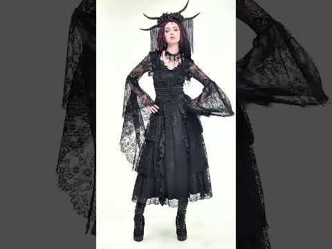 Gothic Sheer Lace Shrug with Dramatic Long Sleeves worn over a black dress, featuring flared lace sleeves and a dark, elegant look.