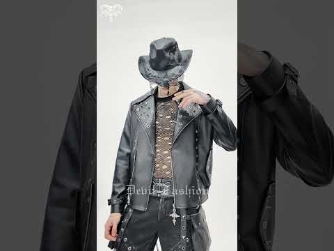 Men's Black Gothic Punk Biker Jacket with Spikes worn with a stylish hat, showcasing a bold punk fashion statement.