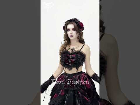 Elegant Black-Burgundy Gothic Mesh Ruffle Bustier Top worn with matching accessories for a dramatic fashion statement.