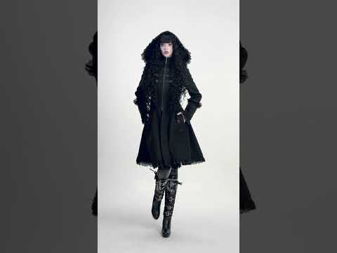 Elegant Gothic Hooded Coat with Flared Silhouette, black Victorian-style hooded coat dress with lace trim and flared skirt