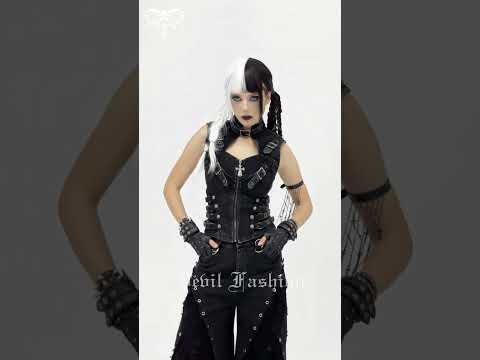 Model wearing a Distressed Gothic Vest With Buckle Strap Detail showcasing punk style with choker and side buckles.