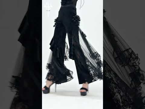 Alt Tag: Chic Gothic Flocked Wide Leg Pants with Lace Panels in black, high-waist palazzo trousers with lace mesh ruffle drapes