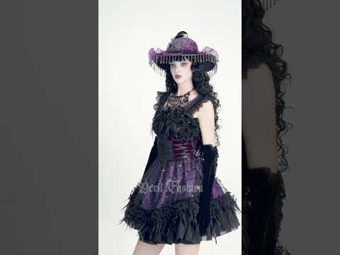 Goth Corset Mini Dress with Feather and Lace Trim gothic mini dress with feathered hat, lace trim, and purple-black ruffled skirt