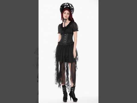 Black Satin Underbust Corset with Front Busk Closure worn over a layered gothic outfit with ruffles and an elegant hat.