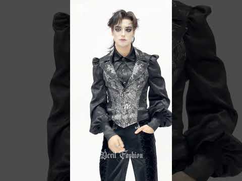 Black Silver Gothic Brocade Waistcoat with Lace showcased on model, featuring ornate patterns and Victorian style.