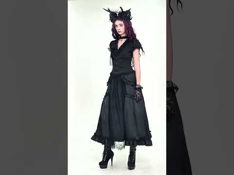 Black Gothic Lace Panel Maxi Skirt with Drawstring Waist worn by model in dramatic gothic style.