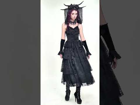 Black Lace Ruffled Tiered Gothic Dress with Spaghetti Straps worn by a model showcasing gothic elegance.