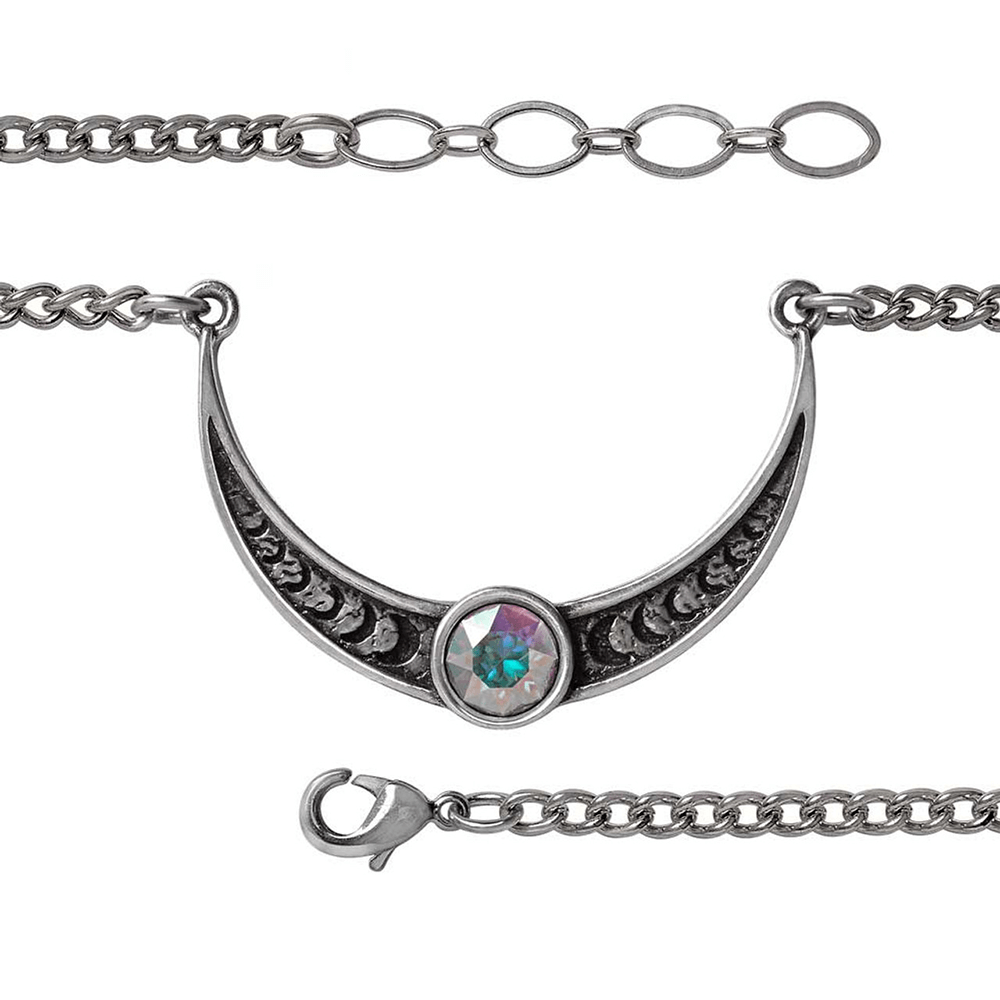 Crescent moon phases bracelet with mystical crystal centerpiece, crafted from fine English pewter.