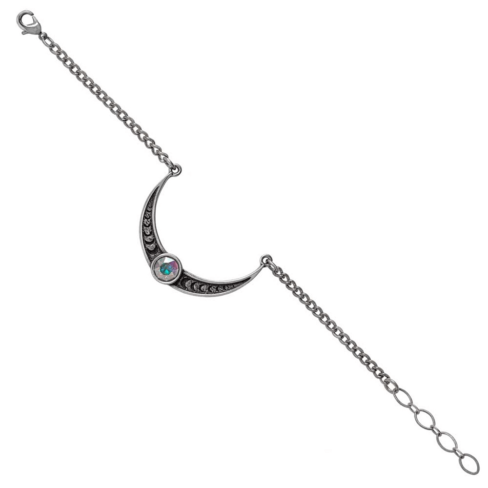 Priestess of Ishtar Crescent Moon Phases Bracelet with cut crystal centerpiece and detailed moon designs.