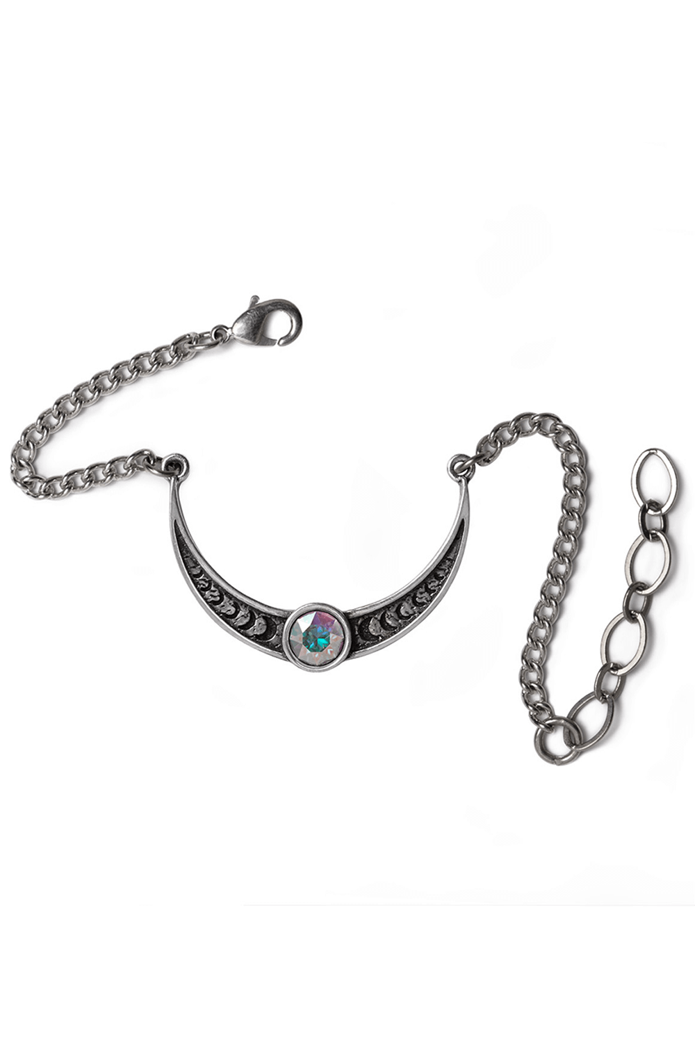 Priestess of Ishtar crescent moon bracelet with moon phases and mystical crystal centerpiece.