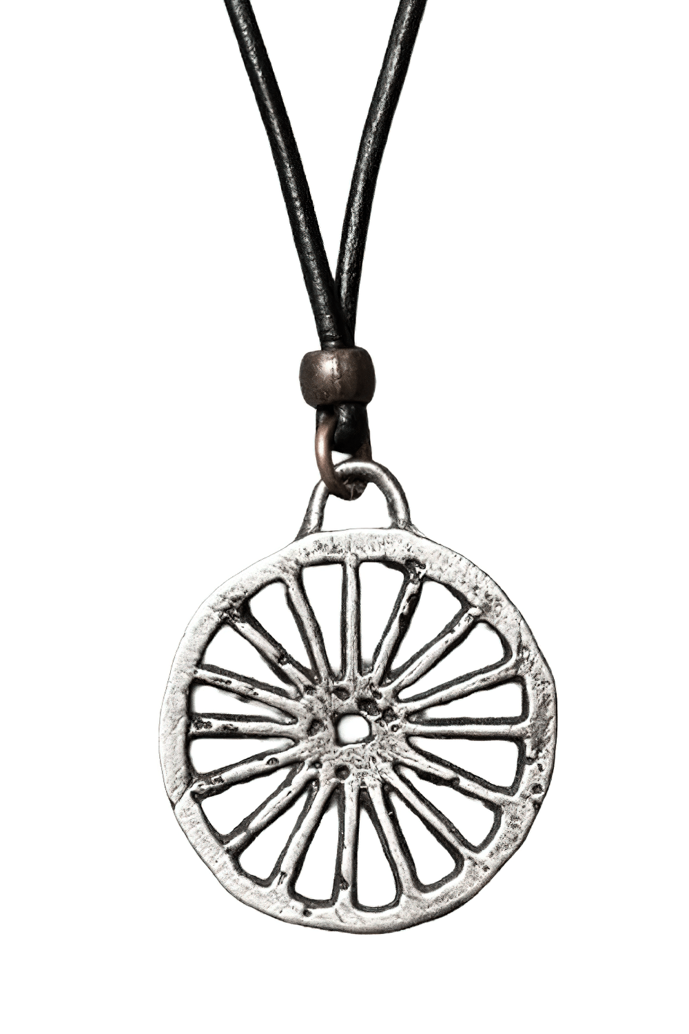 Primitive Pagan Wheel Symbol Pewter Pendant Necklace on black cord, rustic gray talisman, reflects power and life's cycle.