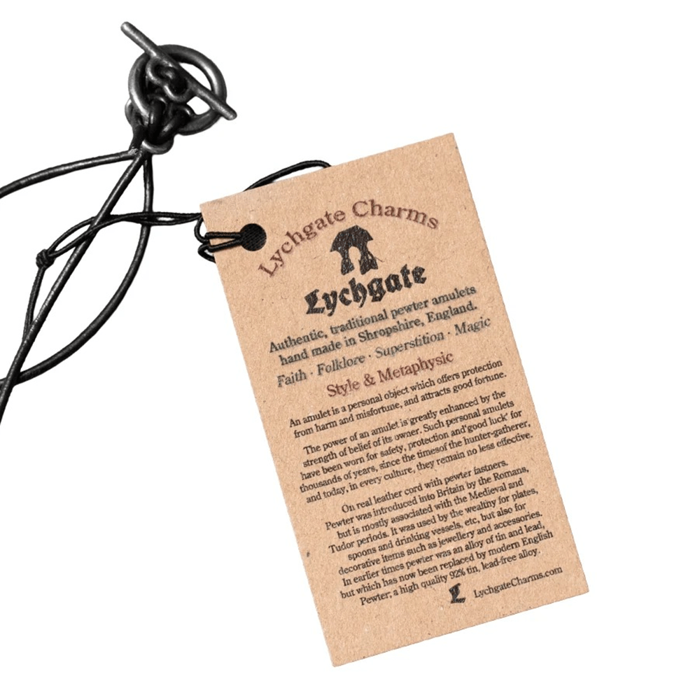 Primitive Pagan Wheel Symbol Pewter Pendant Necklace on a rustic tag showcasing its authentic design and metaphysical properties.