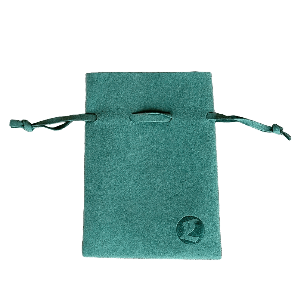 Primitive Pagan Wheel Symbol Pewter Pendant Necklace packaged in a teal pouch with a logo, perfect for gifting.